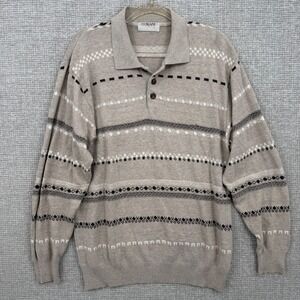 Vtg Y2K DOMANI Uomo‎ Mens Beige Striped Long Sleeve Collared Knit Sweater Size L